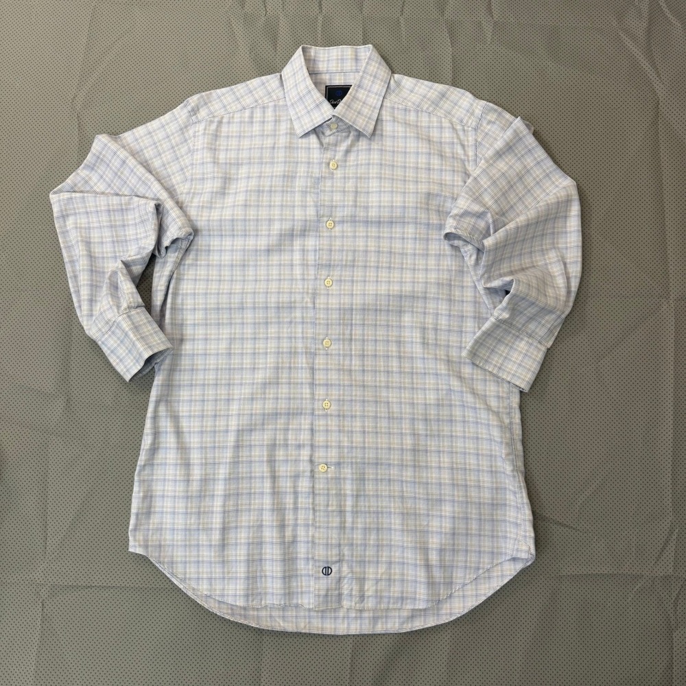 David Donahue Trim Fit Button Down Mens 16.5 Blue Tan Glen Plaid Windowpane